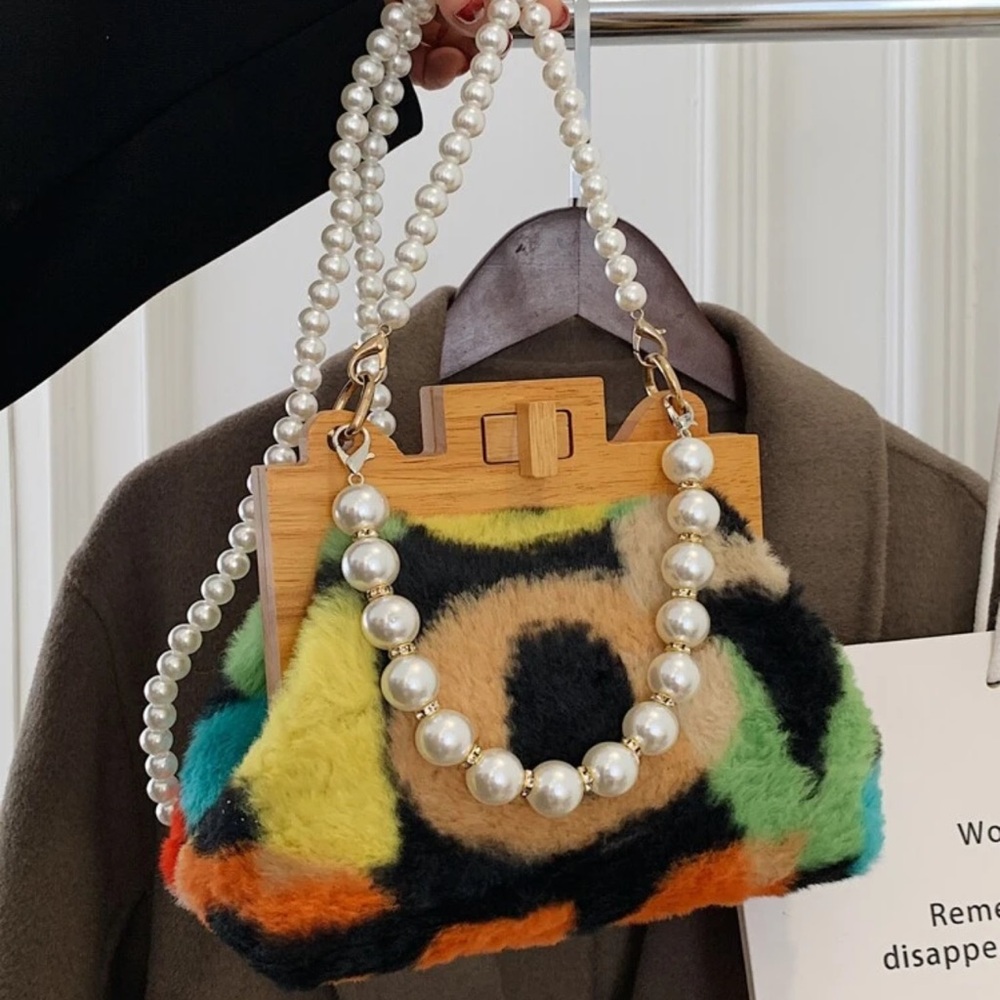 Colorful Faux Fur Handbag with Pearl Strap